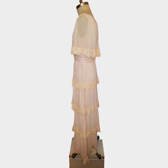 Vtg 70s Nude Blush Chiffon Lace Tiered Gown Dress - Picture 5 of 7